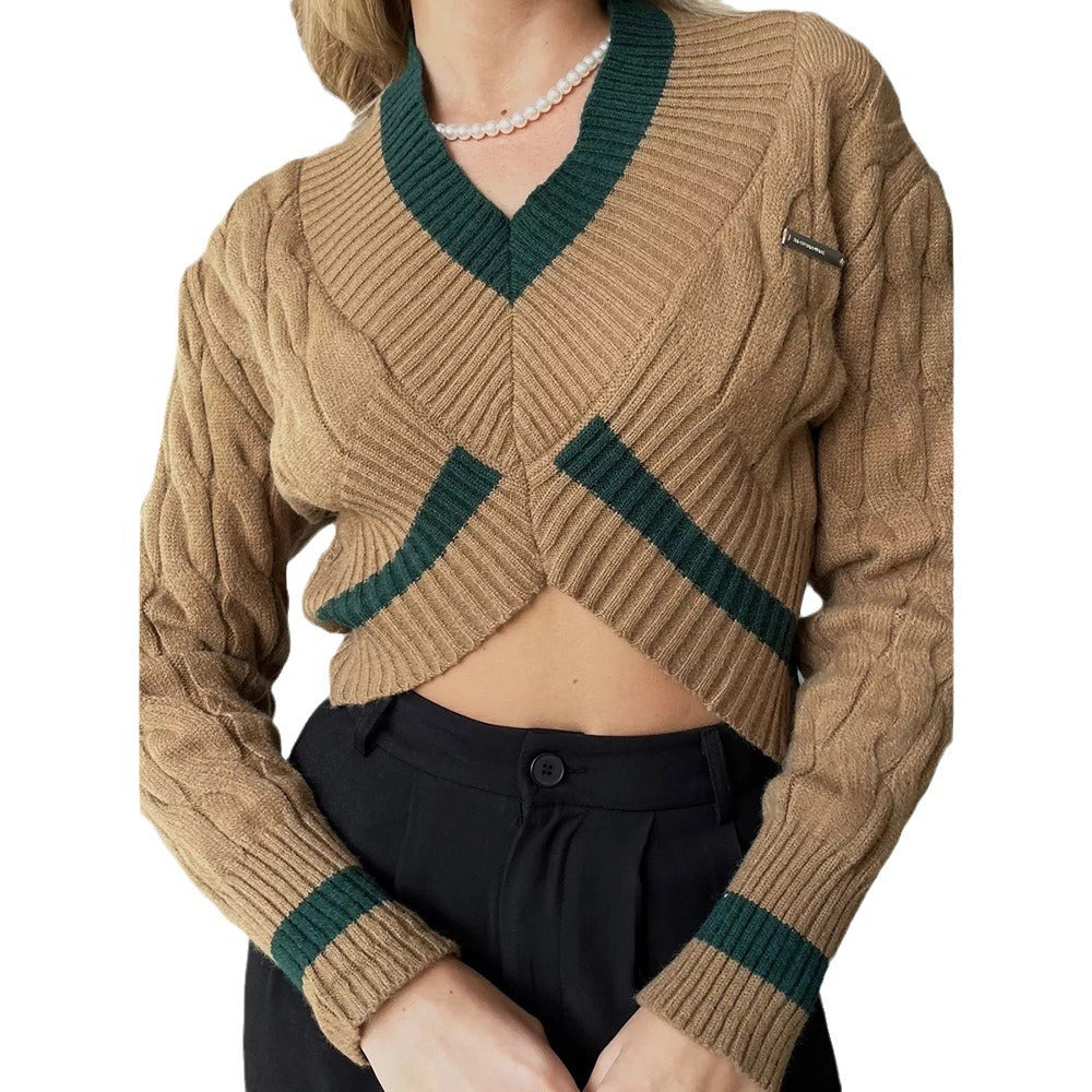 Crop V Sweater Lightweight Khaki Navy White N5Z916