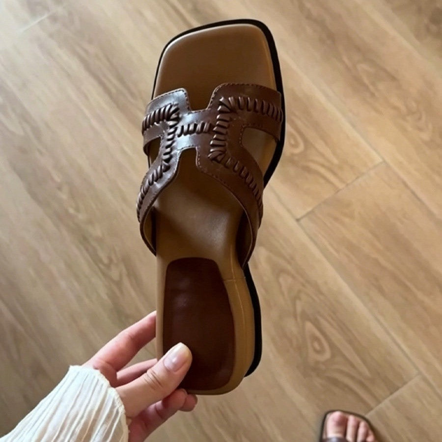 Vintage Woven Slide Sandals Square Toe Platform Women N6G249