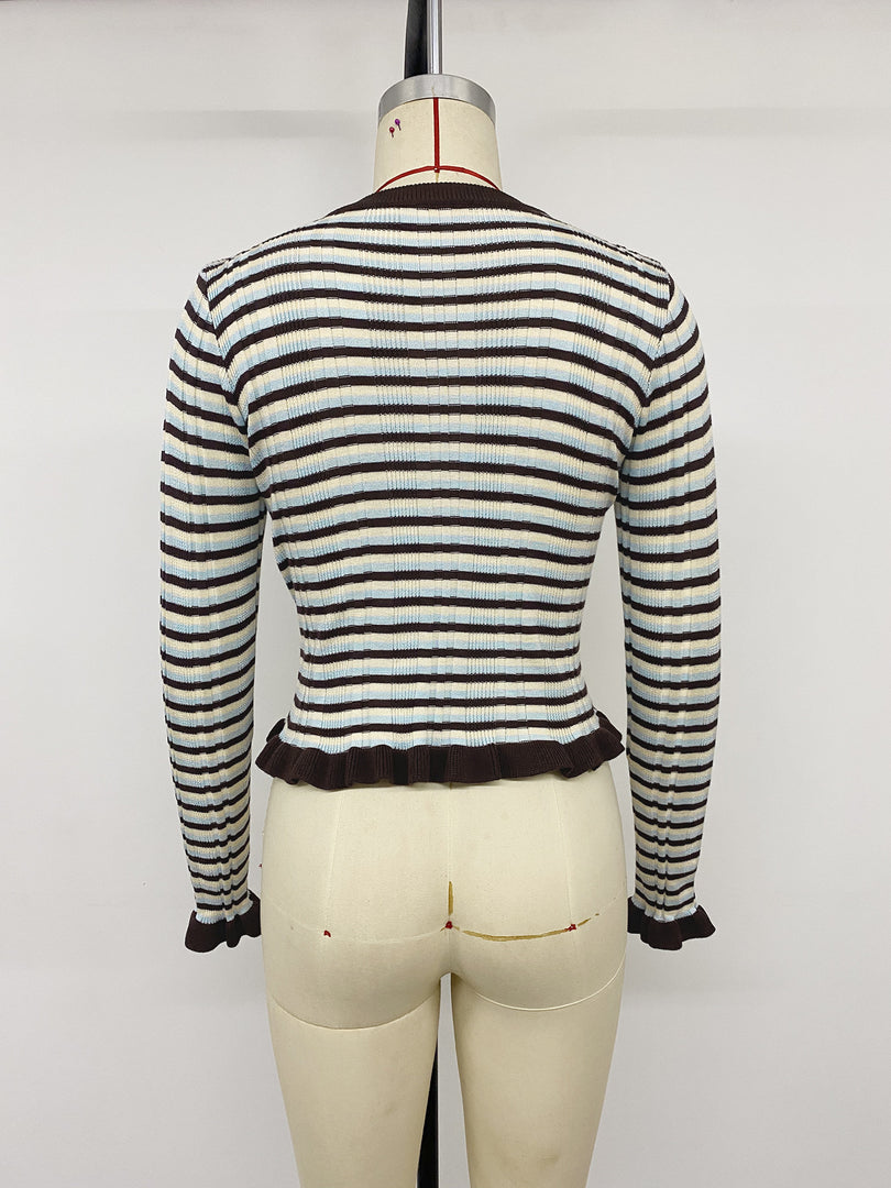 Striped Round Neck Cropped Flare Sleeve Sweater N6H297