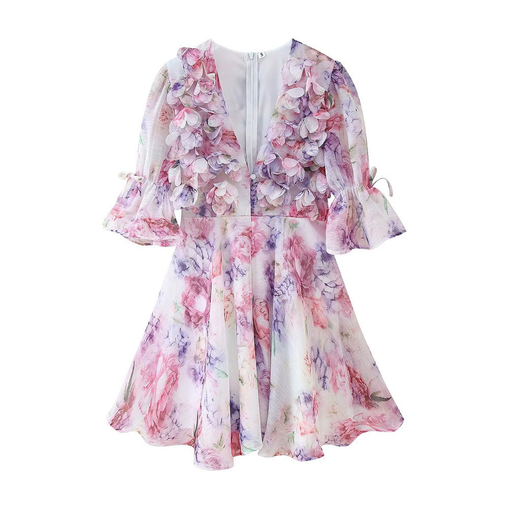 3D Floral V Neck Dress Short Sleeve Lightweight N5Z360