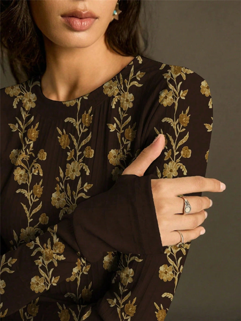 Retro Floral Print Knit T-shirt Women N6C324