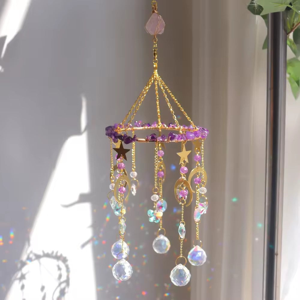 Raw Crystal Rotating Wind Chime Star Moon Sun Catcher N6F292