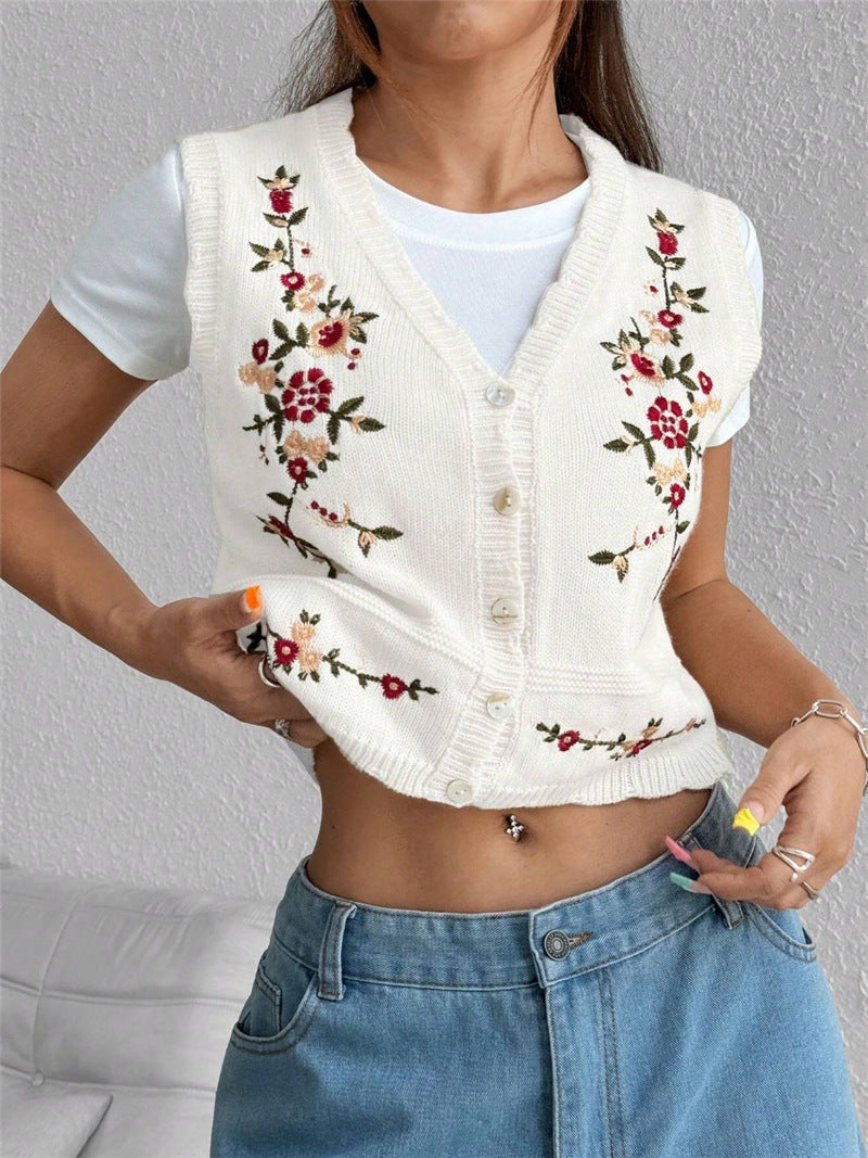 Embroidered Knit Vest Cardigan Women N6C321