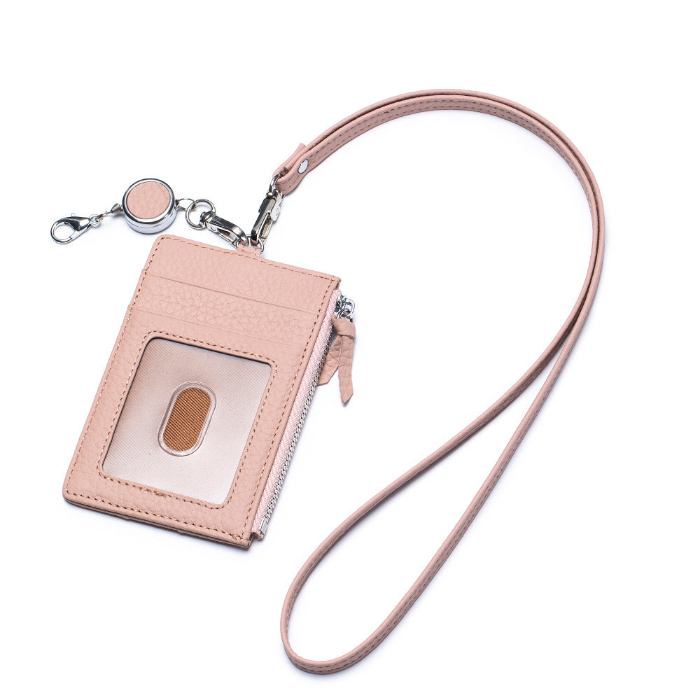 Genuine Leather Retractable Neck ID Card Holder N6D026