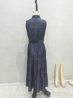 Load image into Gallery viewer, Blue Sleeveless Tie Waist Denim Style Maxi Dress N6F086
