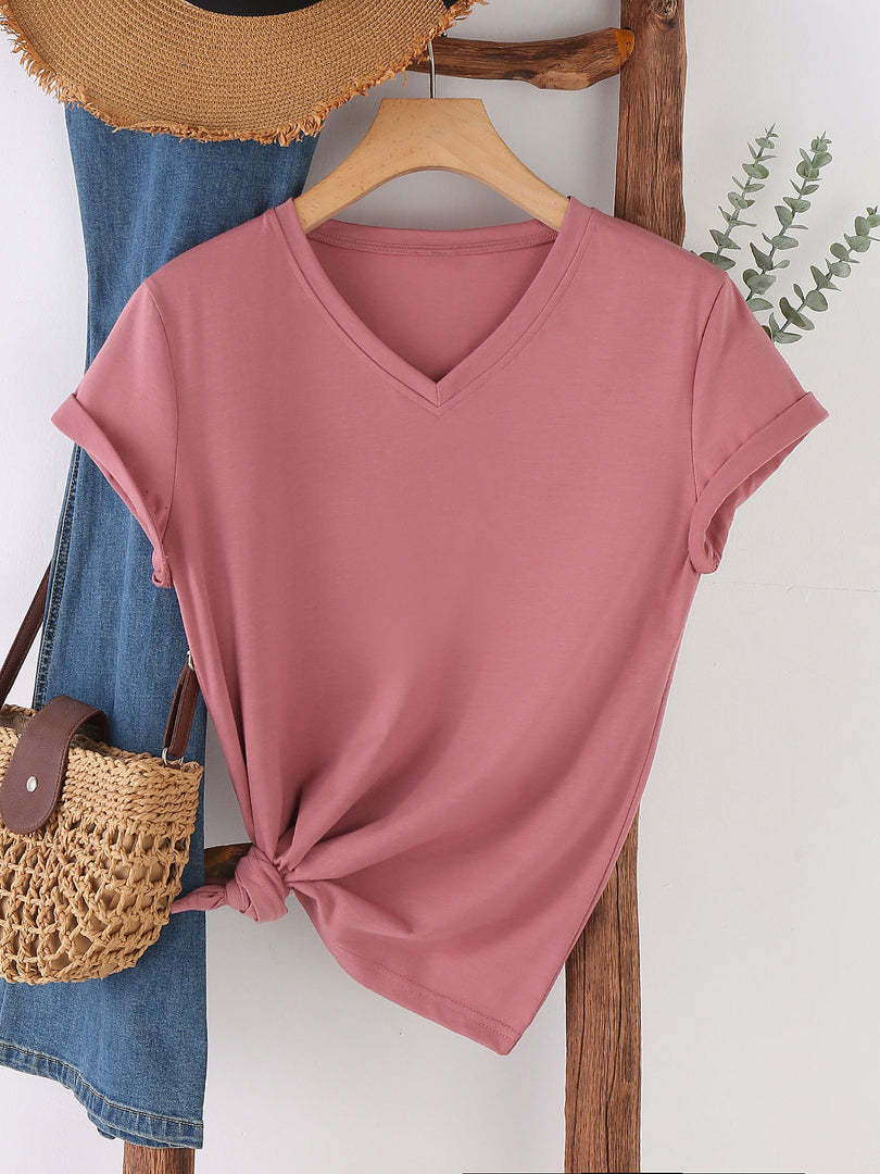 Minimalist Solid Color V-Neck T-Shirt Women N6E140