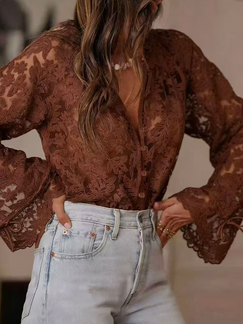 Lace Openwork Casual Shirt Women N6D137