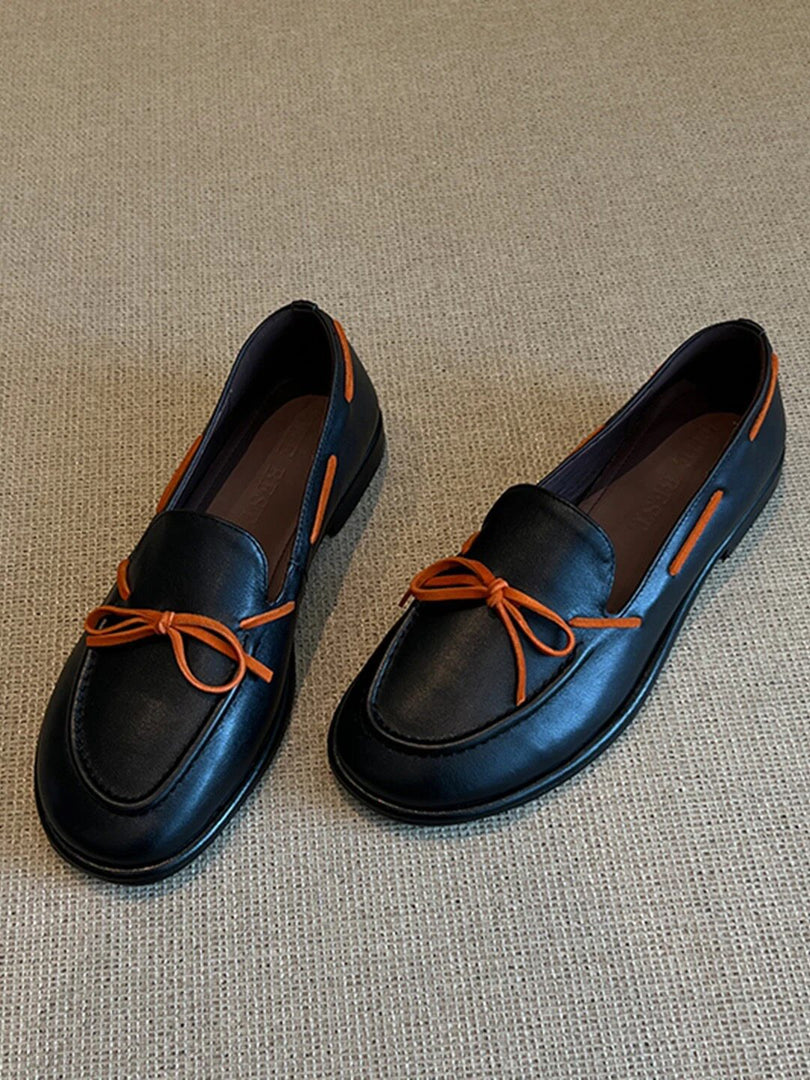 Retro Round Toe Flat Bow Slip-On Loafers Women N6C150