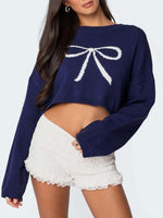 Load image into Gallery viewer, Bow Cropped Pullover Long Lightweight Navy N5Z656

