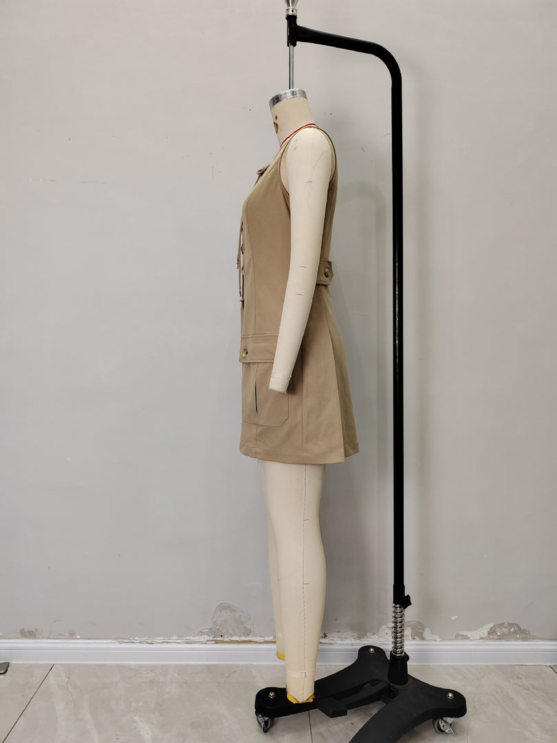 Khaki Sleeveless Cross Tie High Waist A-Line Dress N6F231