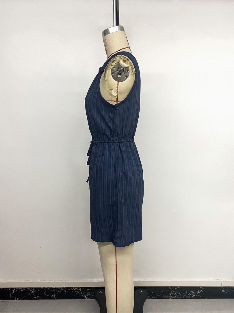 Sleeveless V Neck Textured Tie-Waist Jumpsuit Shorts N6C259