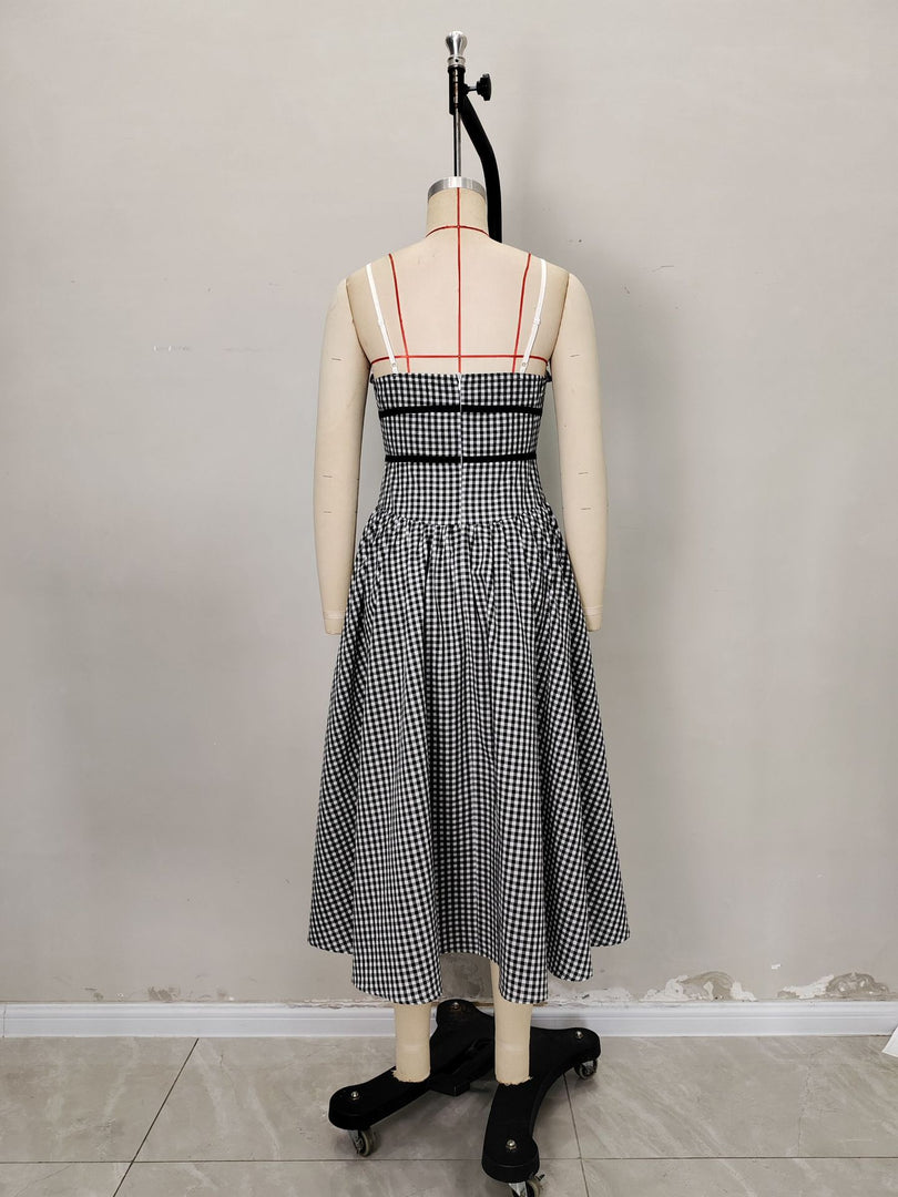 Plaid Strapless Ruched A-Line Maxi Dress Women N6F222