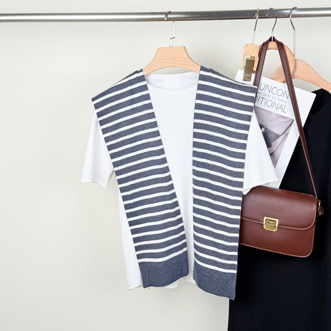 Colorblock Stripe Knit Shoulder Cape Women Travel N6H244