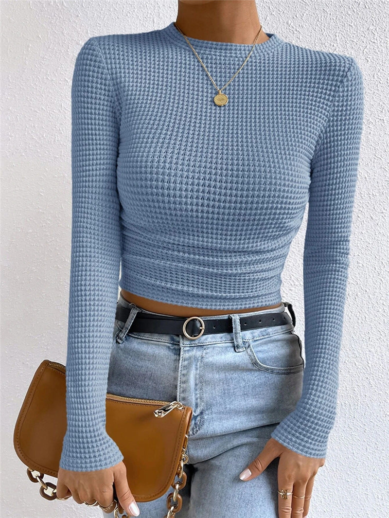 Fitted Checkered Long Sleeve Ruffle T-shirt Women N6C323
