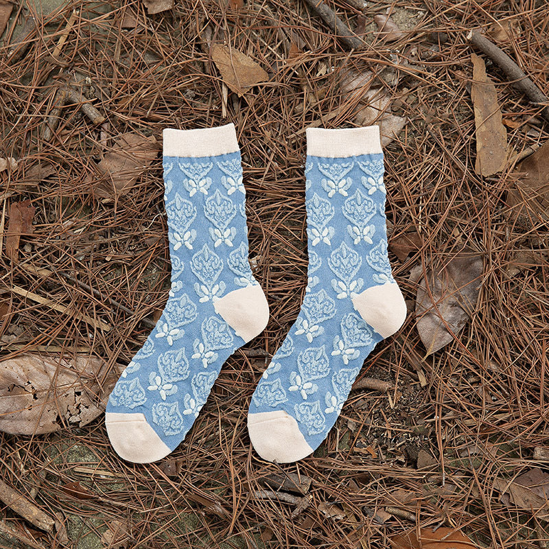 Vintage Blue Ethnic Style Mid-Calf Cotton Socks Women N6H020