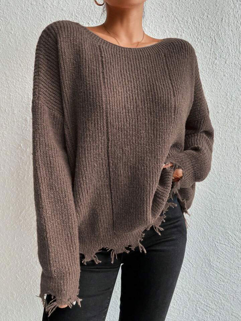 Solid Off-Shoulder Knit Pullover Distressed Edge N6G264