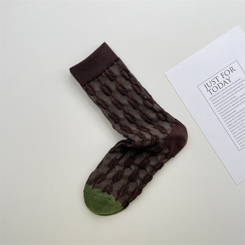 Embossed Geometric Cable Knit Mid Calf Socks M5A017