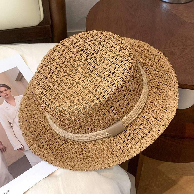 Openweave Flat Top Straw Hat French Retro Vacation N6C370