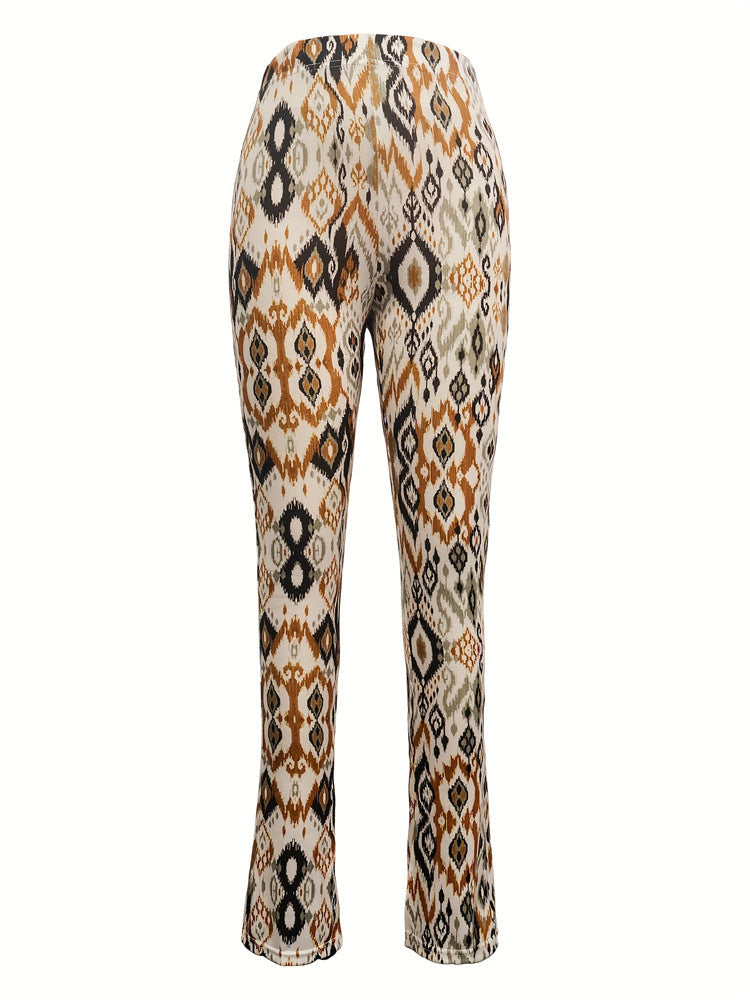 Print High Waist Flared Pants Side Slit N6F234
