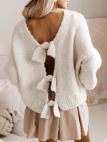 Load image into Gallery viewer, Bow Open Back Cardigan Puffed Mid Weight White N5Z686
