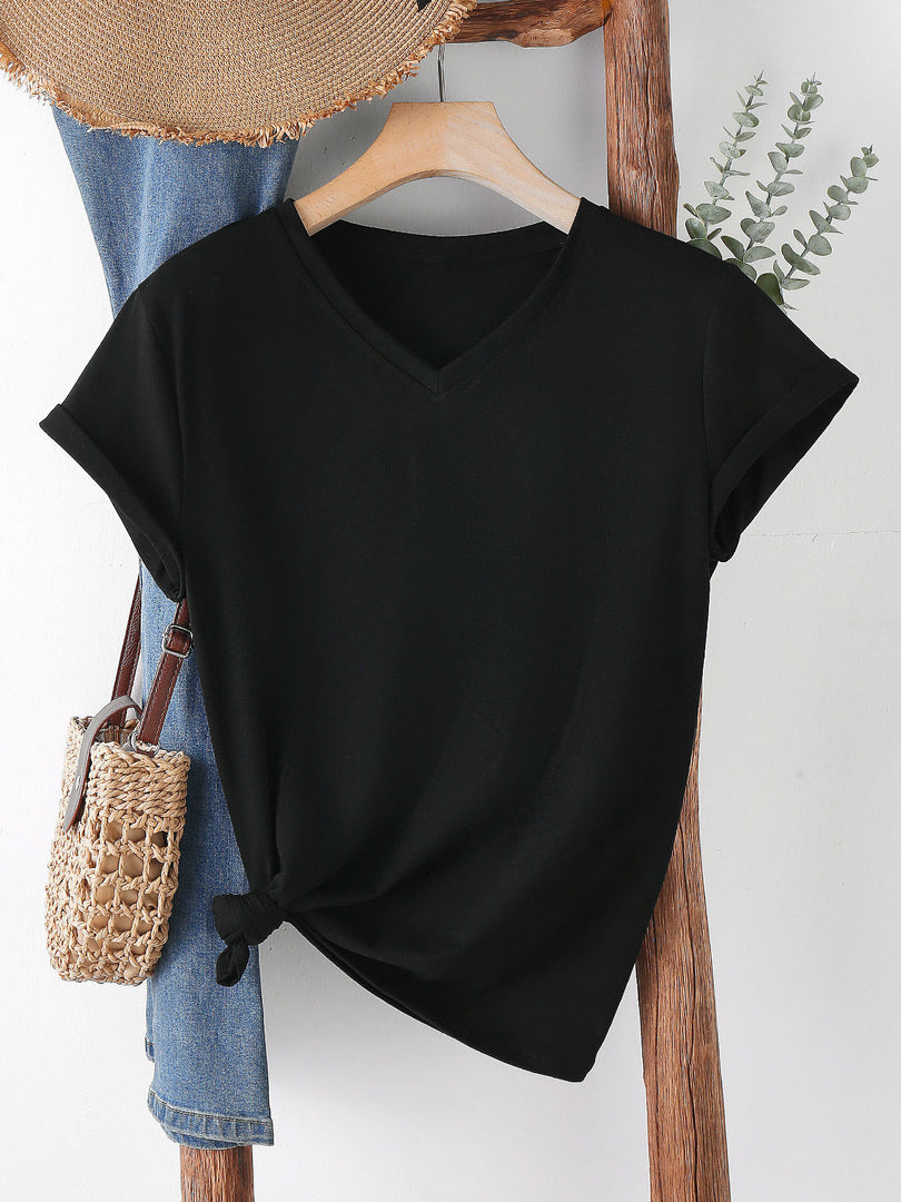 Minimalist Solid Color V-Neck T-Shirt Women N6E140