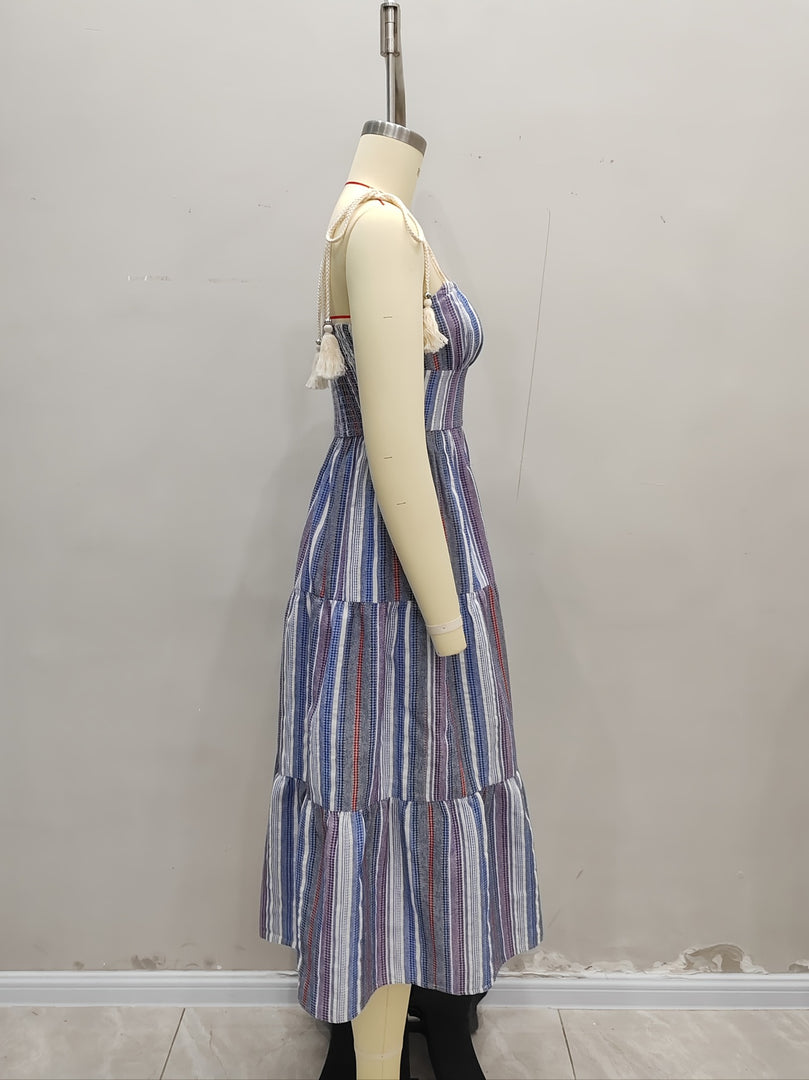 Blue White Stripe Tiered Maxi Dress Resort N6F243