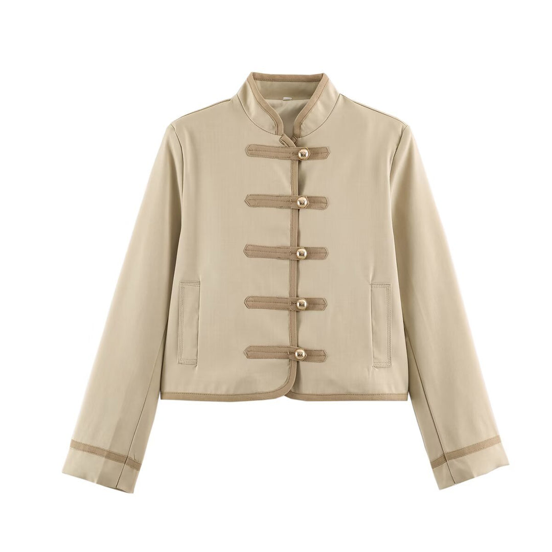 Loose Fit Knot Button Stand Collar Jacket Women N6H127