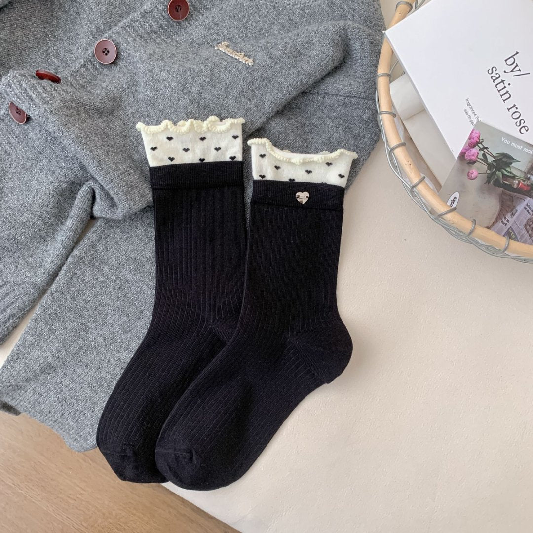 Color Block Ruffle Trim Socks Polka Dot Button Accent M5A022