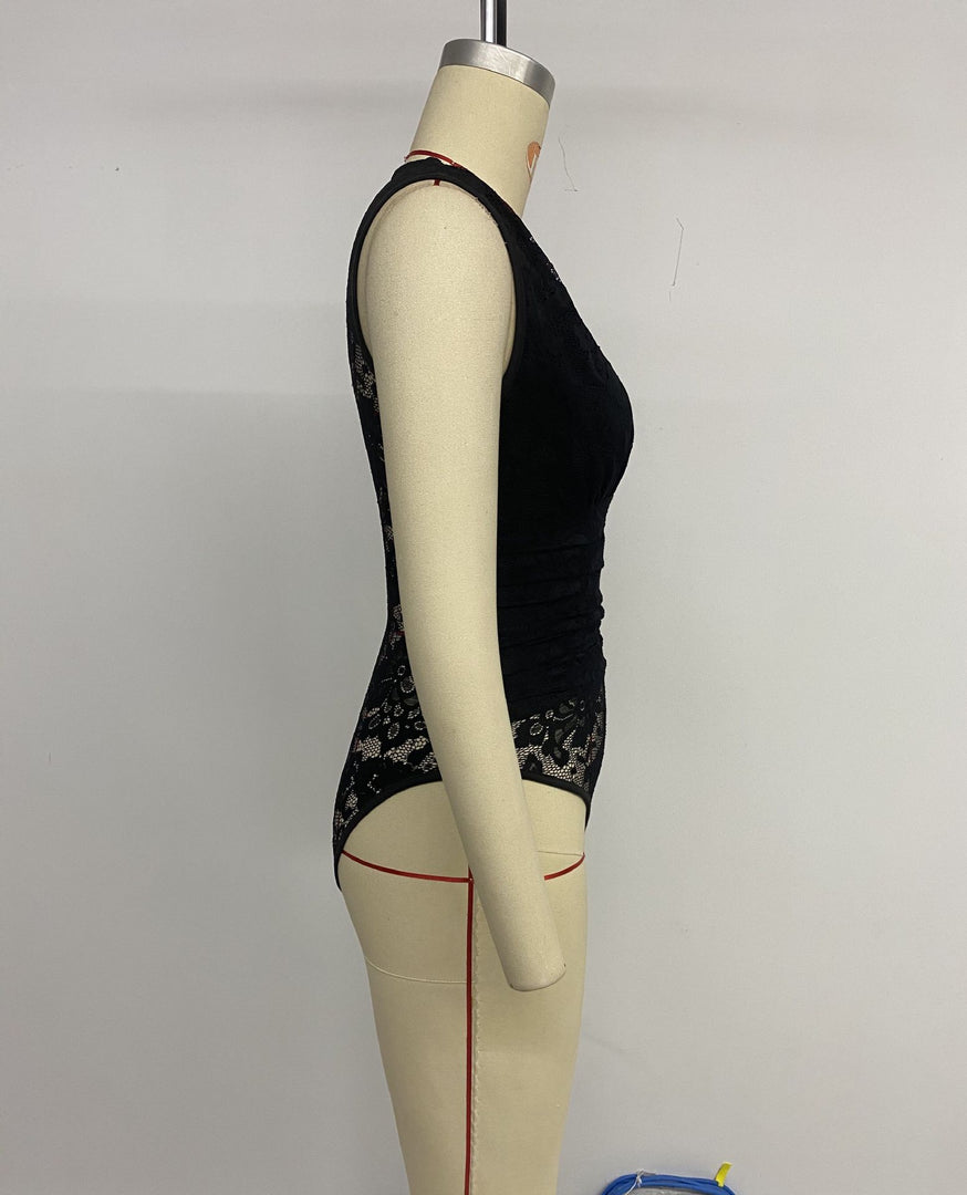 Sexy V-Neck Lace Bodysuit Solid Color N6F217