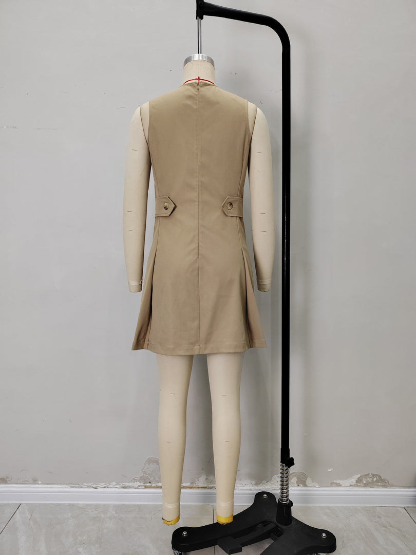 Khaki Sleeveless Cross Tie High Waist A-Line Dress N6F231