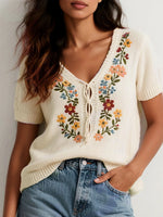 Load image into Gallery viewer, Floral Embroidered Relaxed Knit Sweater Women N6D171