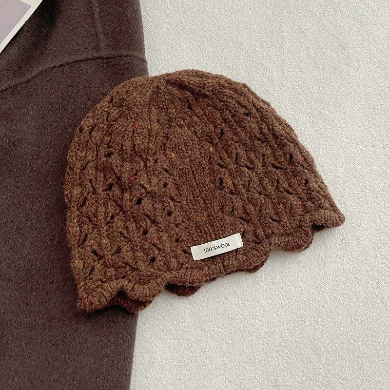 100% Wool Crochet Lace Hollow Knit Beanie Women N6H219