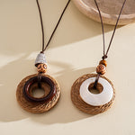 Load image into Gallery viewer, Leather Cord Wood Resin Raffia Drop Pendant Necklace N6H139