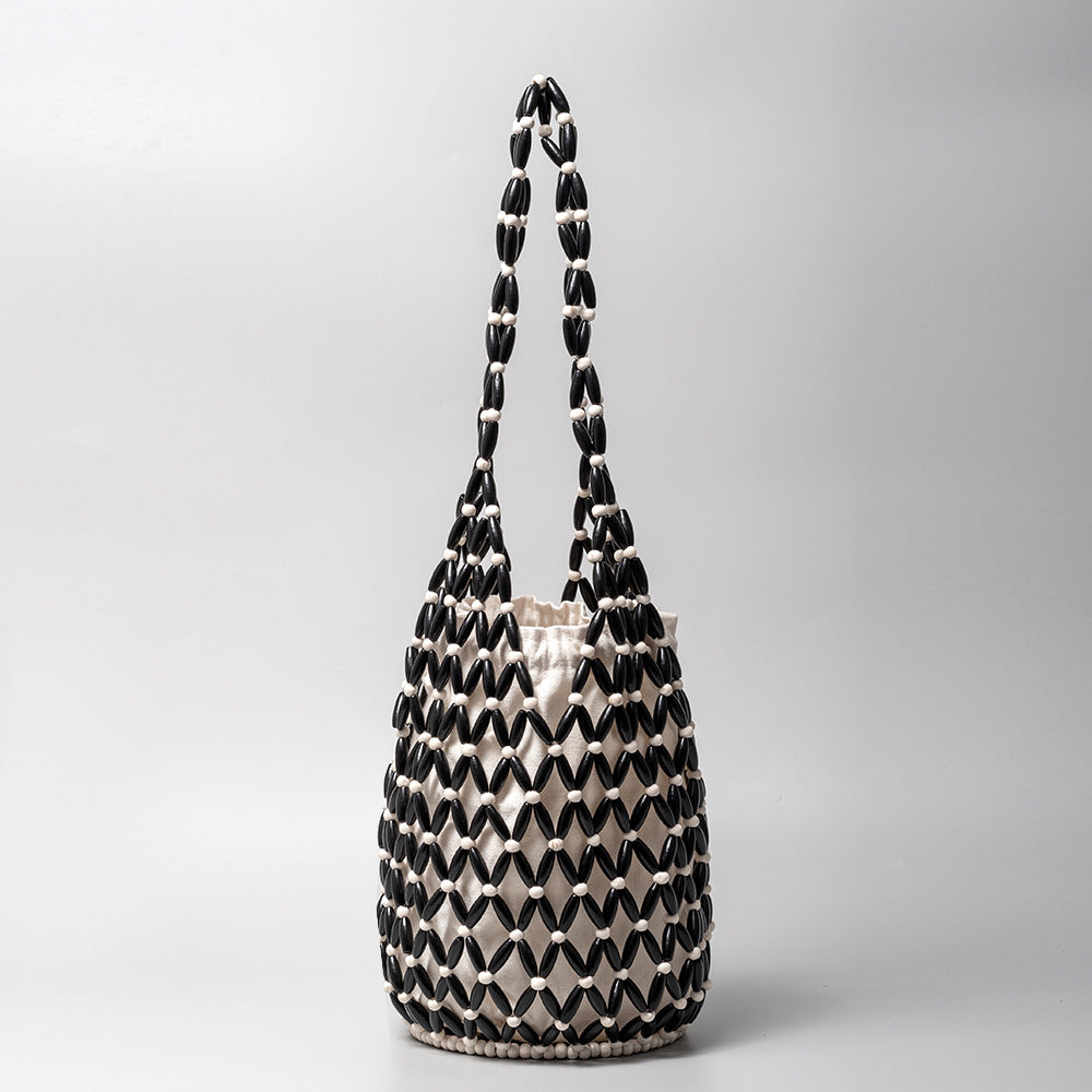 Hand-Woven Wood Bead Cylinder Bucket Bag Drawstring S5P383