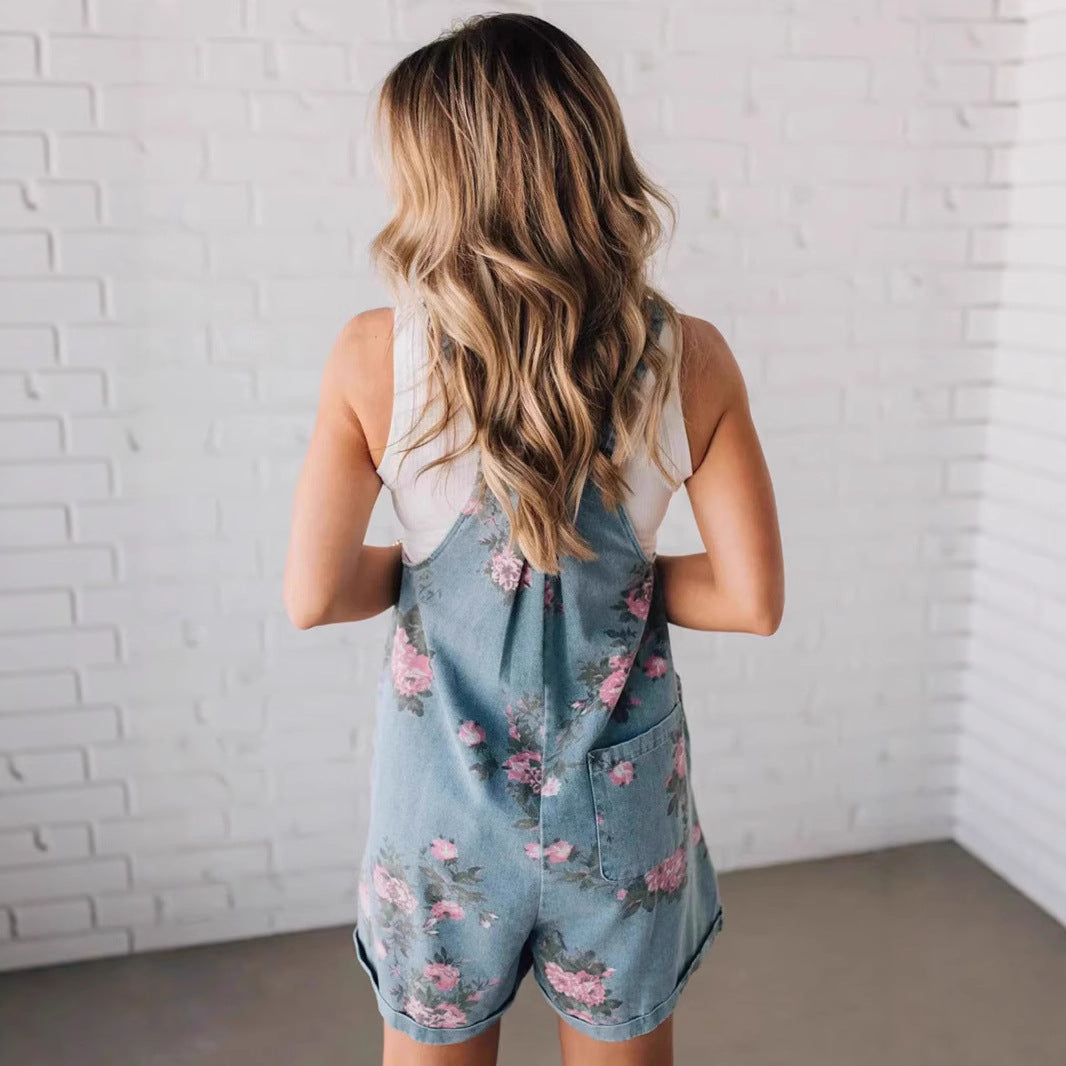 Floral Print Denim Jumpsuit Shorts Women N6C235