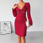 Load image into Gallery viewer, Deep V Neck Puffed Dress Pearl Accent High Waist Red N5Z469
