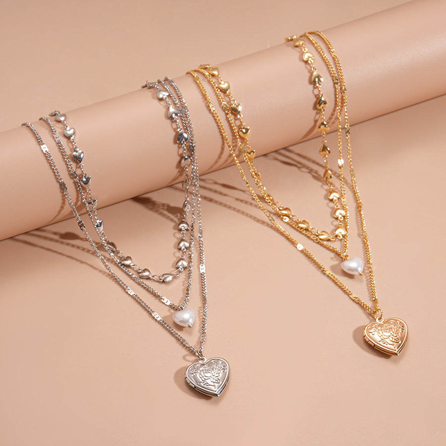 Vintage Faux Pearl Heart Layered Sweater Chain Women N6H149