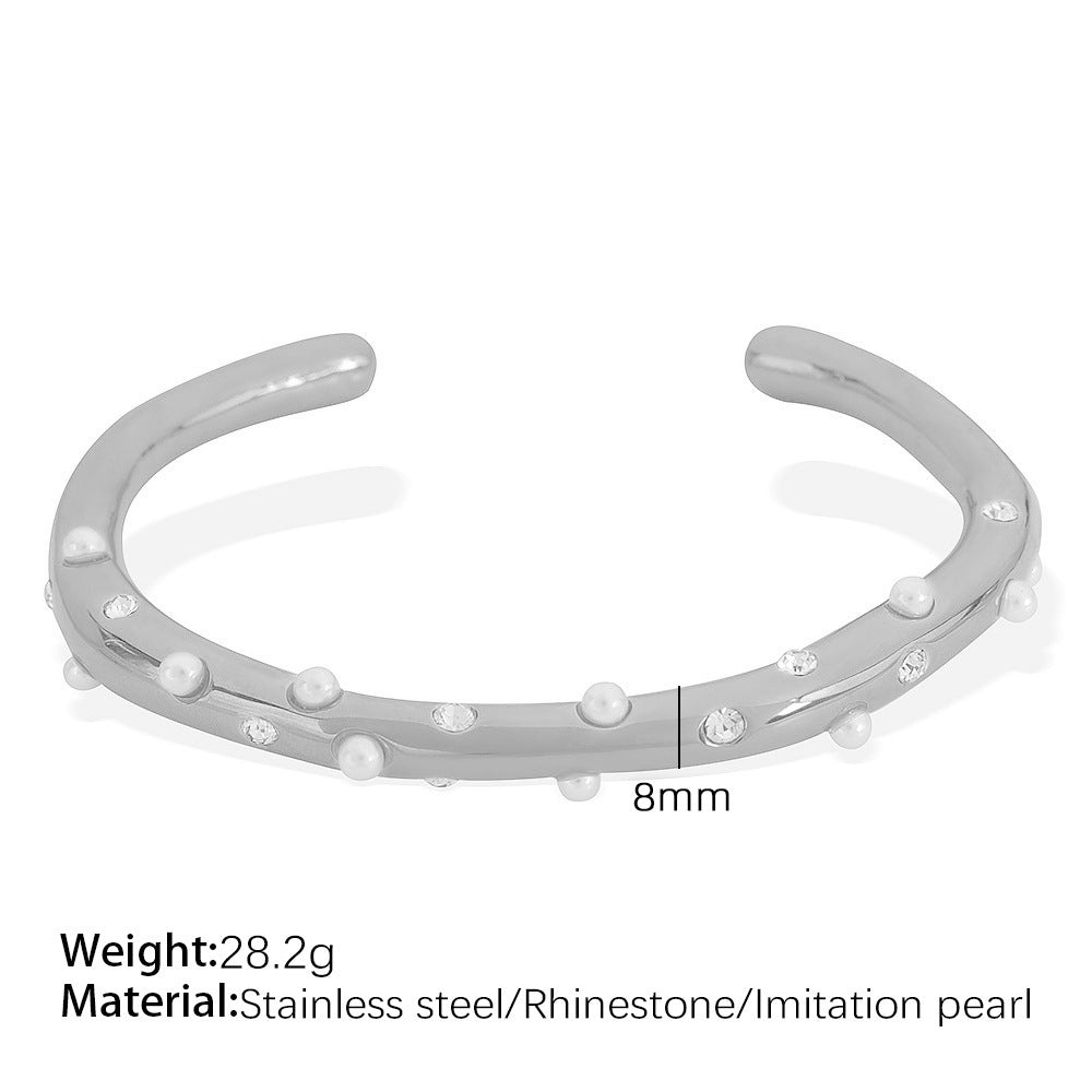 Pearl Bangle Titanium Steel 18K Plated Adjustable S5P083