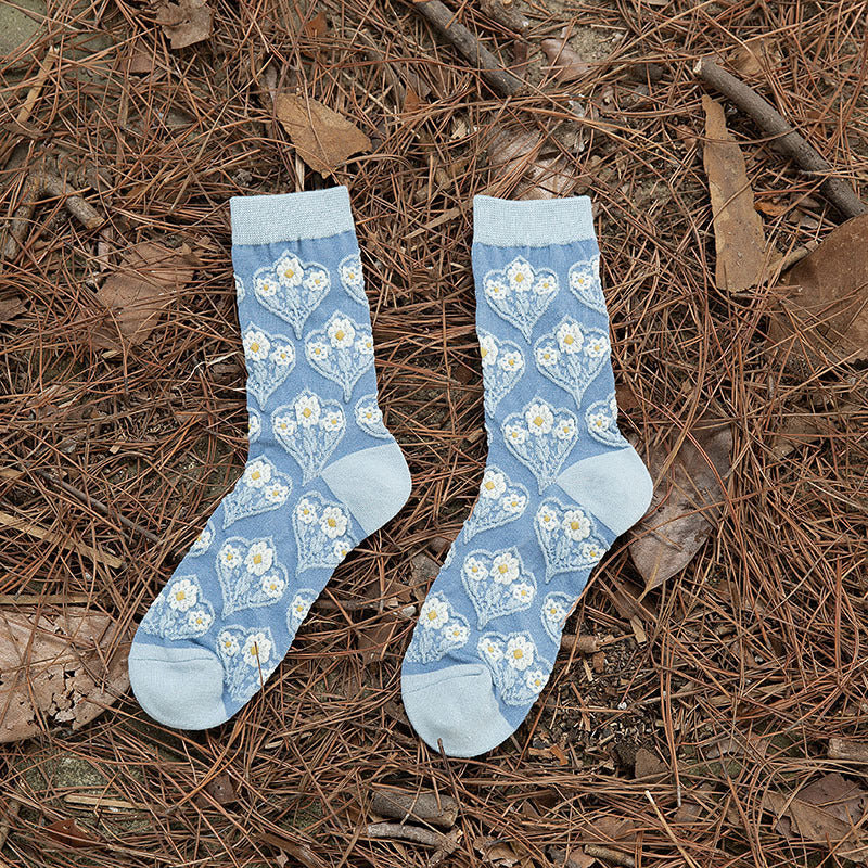 Vintage Blue Ethnic Style Mid-Calf Cotton Socks Women N6H020