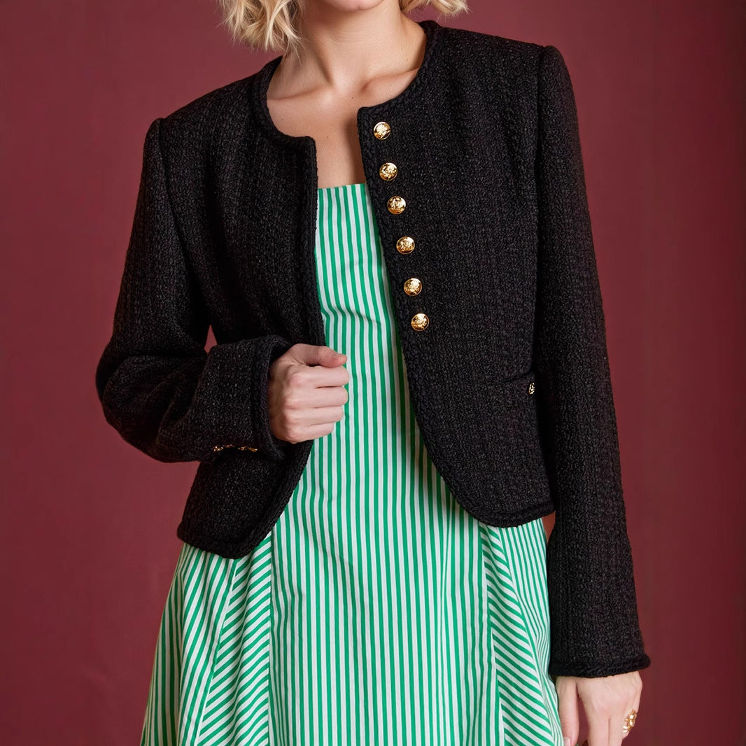 Tweed Gold Button Cardigan Cropped Mid Heavy Black N5Z579