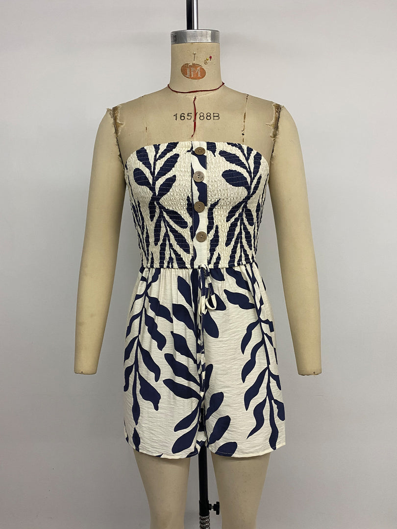 French Vacation Leaf Print Tube Top Romper Women N6C242