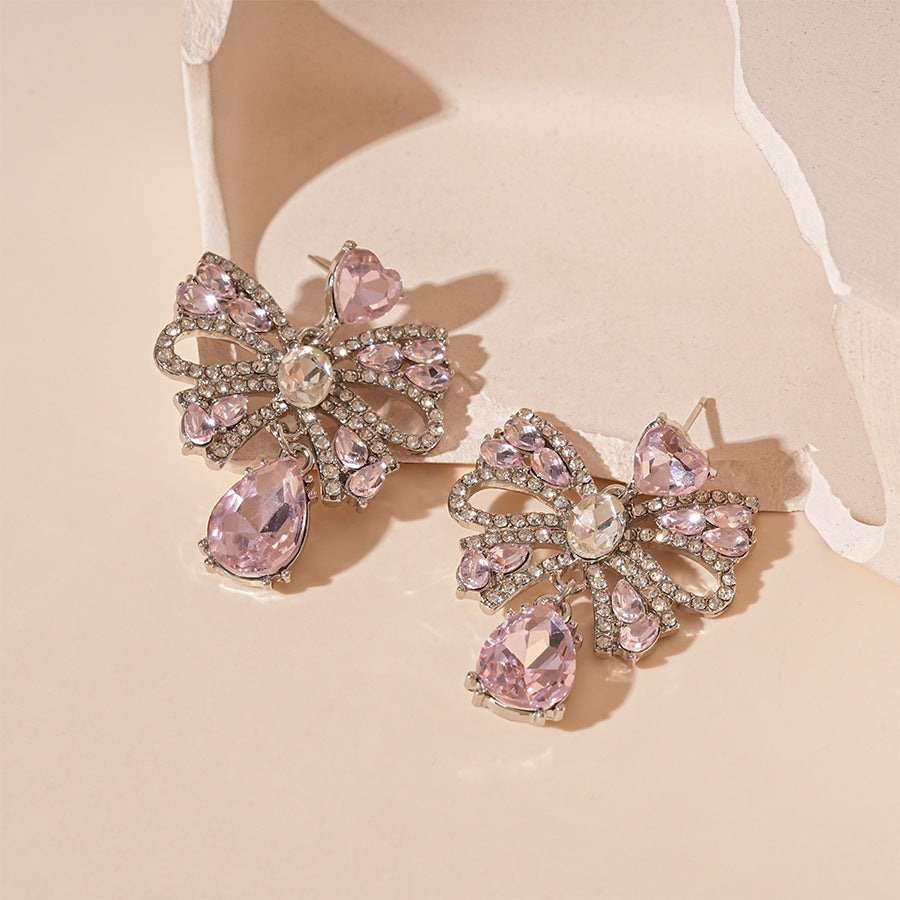 Bow Teardrop Earrings Alloy Prong-Set Crystals Silver S5P131
