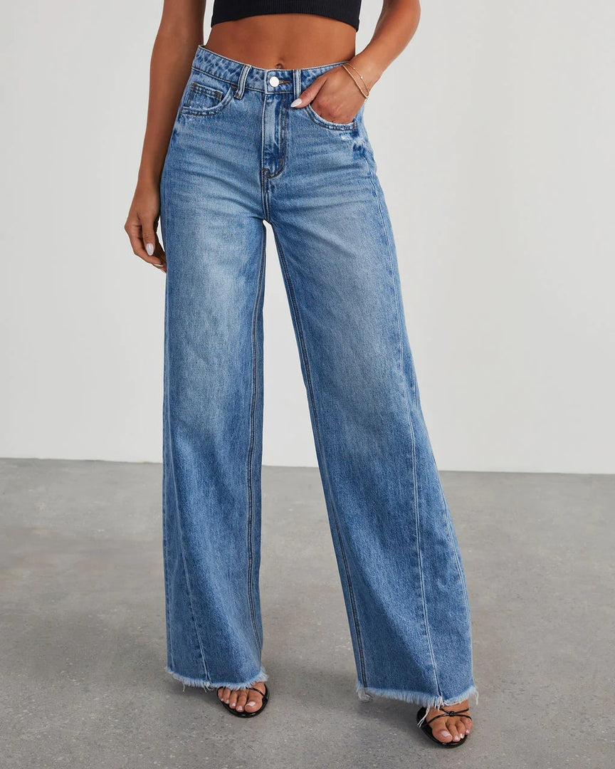 Loose Wide Leg Side Panel Raw Hem Jeans Women N6D154