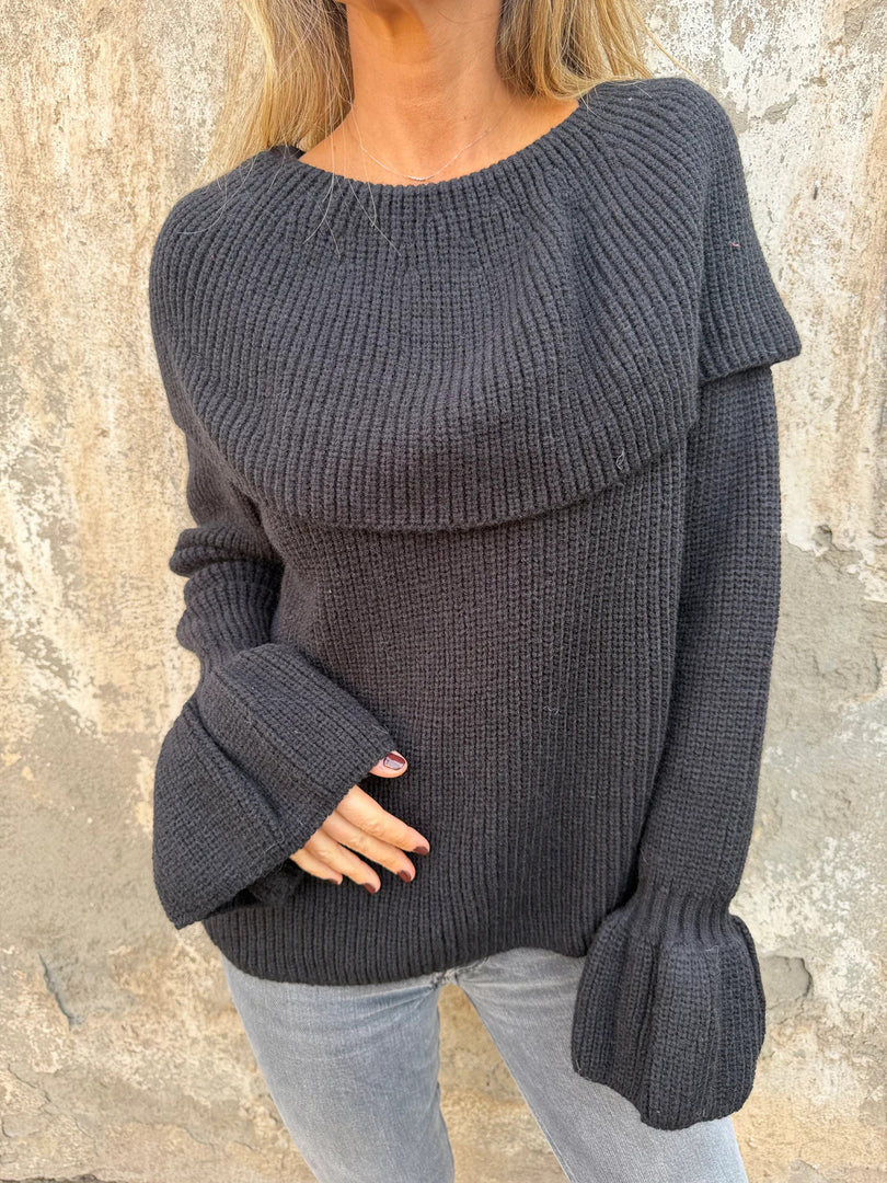 Off-Shoulder Knit Long Sleeve Sweater Flared Sleeve N6G297