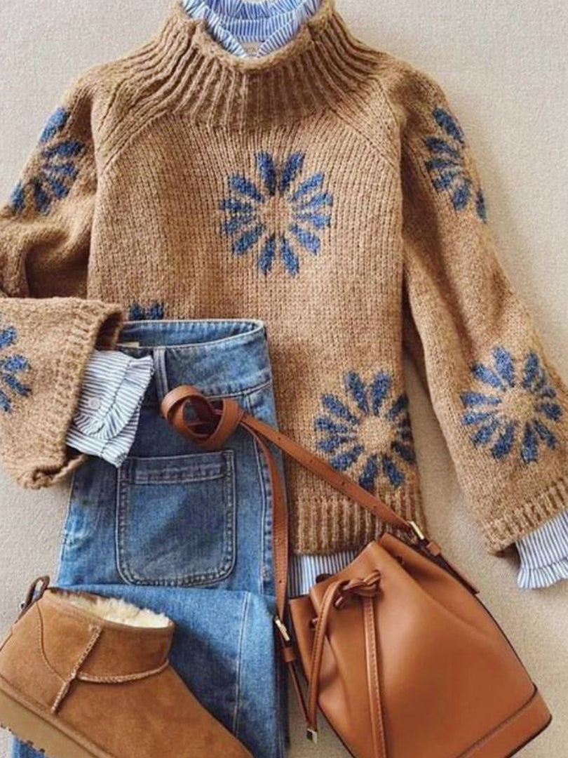 Khaki Floral Knit Sweater Women Ribbed Pattern N5A880