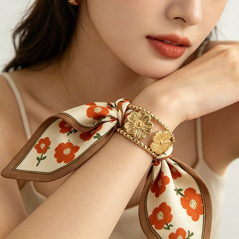 Vintage Floral Scarf 18K Ti Steel Hollow Bangle N6F279