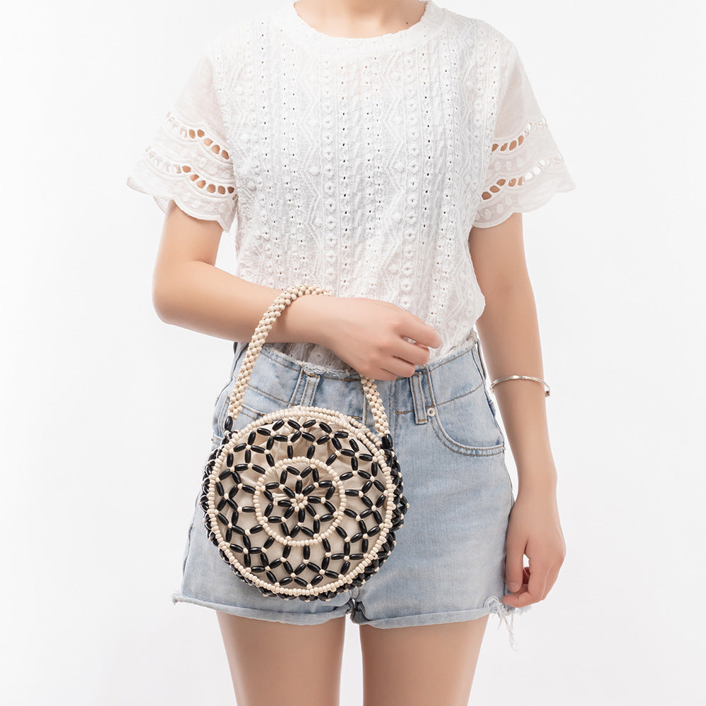 Hand Woven Wooden Bead Circle Bag Drawstring Closure S5P370