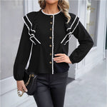 Load image into Gallery viewer, Black Puff Sleeve Lace Trim Blouse Women N6C261