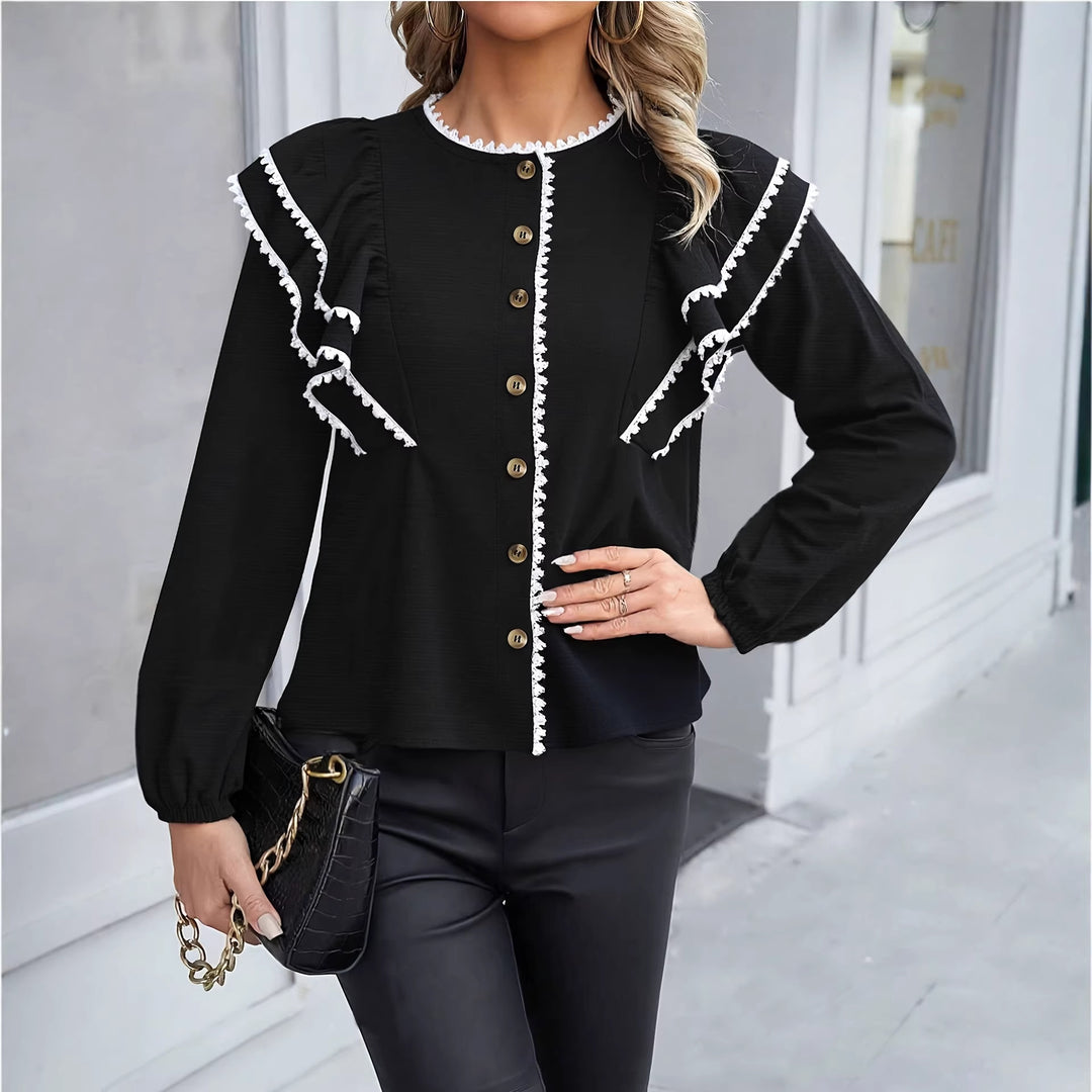 Black Puff Sleeve Lace Trim Blouse Women N6C261