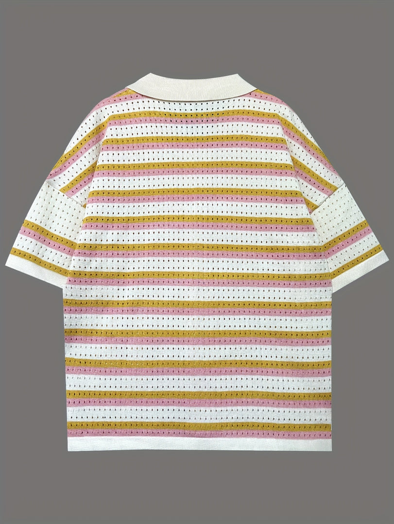 Knit Striped Lapel Short Sleeve Set Women N6D094